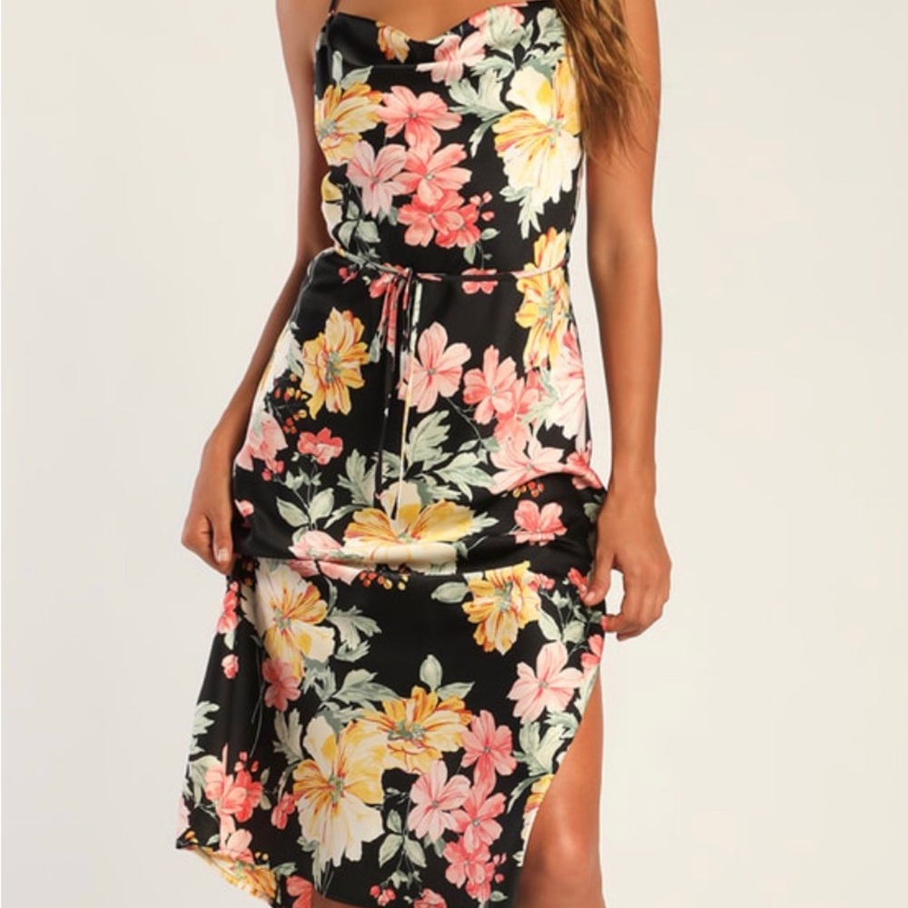 NWT Romantic Wishes Black Floral Print Cowl Neck Backless Midi Dress